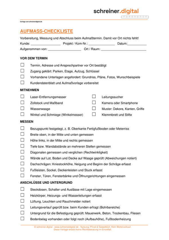 Vorschau der Vorlage „Aufmaß-Checkliste“