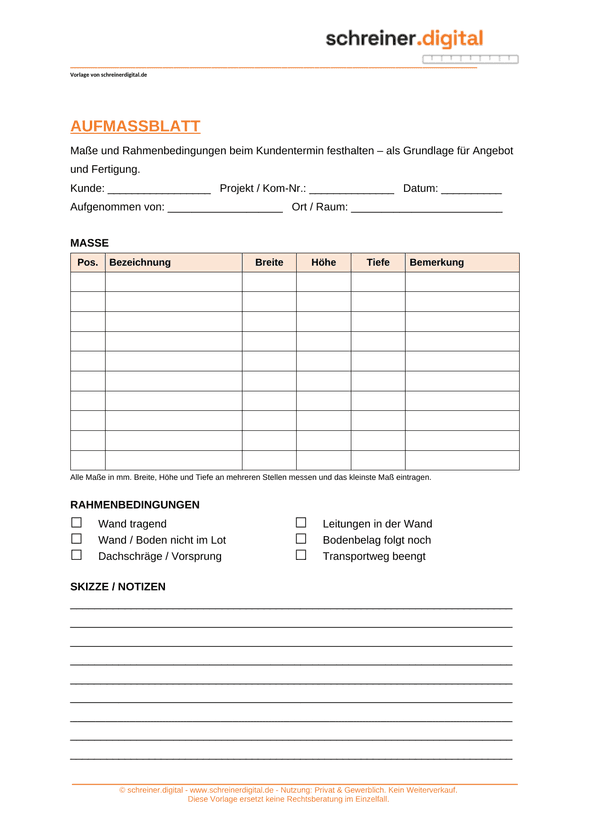 Vorschau der Vorlage „Aufmaßblatt“