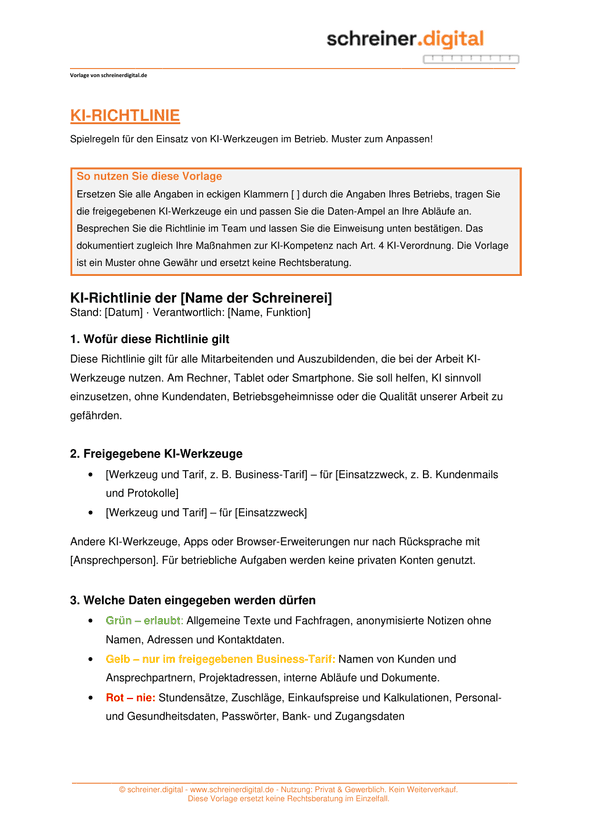 Vorschau der Vorlage „KI-Richtlinie für den Betrieb“