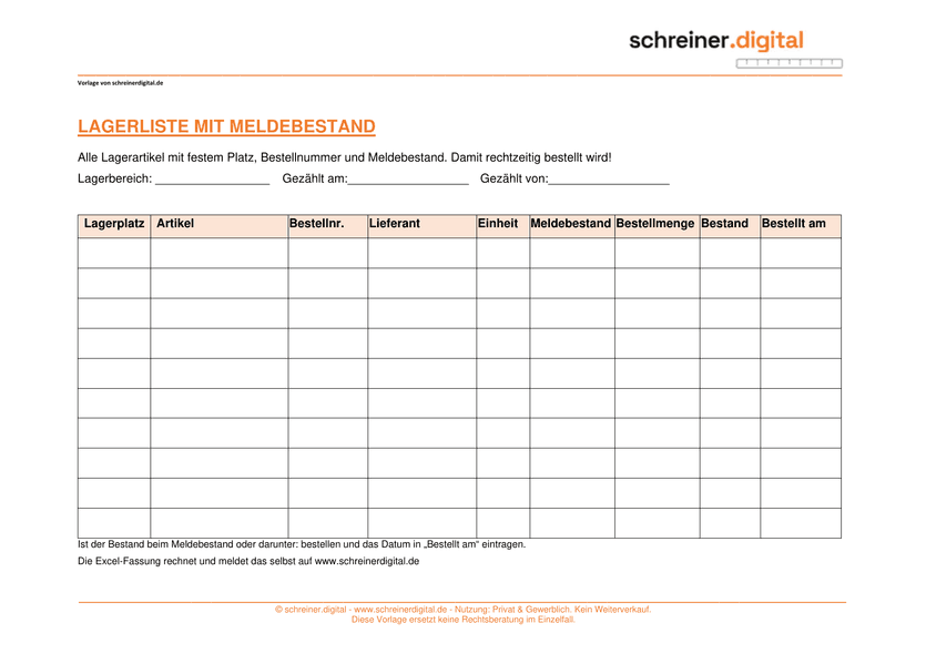 Vorschau der Vorlage „Lagerliste mit Meldebestand“