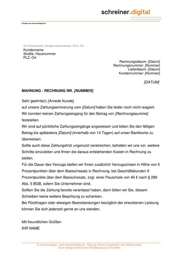 Vorschau der Vorlage „1. Mahnung“