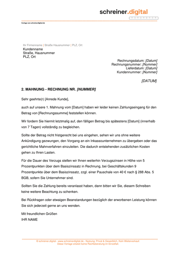 Vorschau der Vorlage „2. Mahnung“