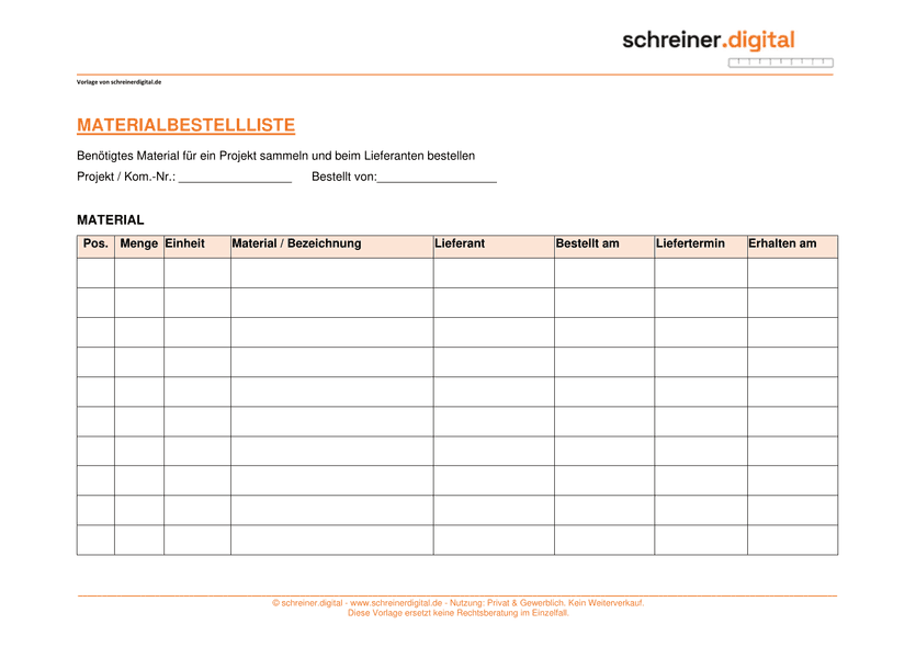 Vorschau der Vorlage „Materialbestellliste“