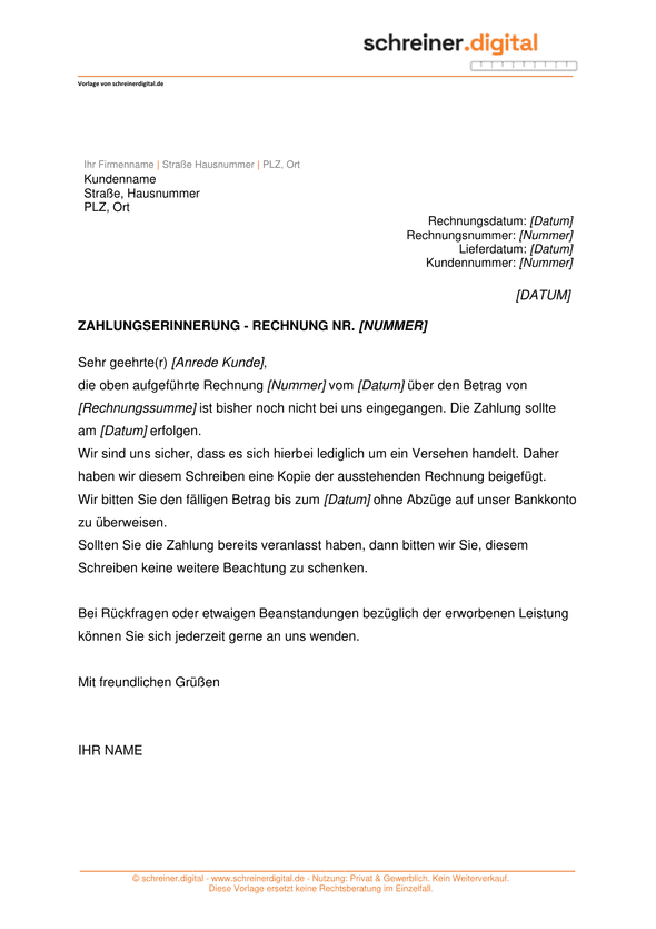 Vorschau der Vorlage „Zahlungserinnerung“