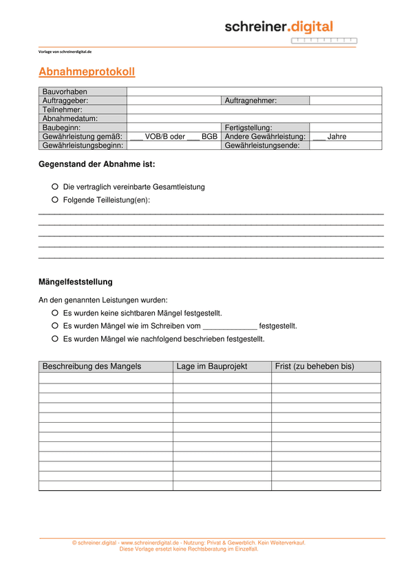 Vorschau der Vorlage „Abnahmeprotokoll“