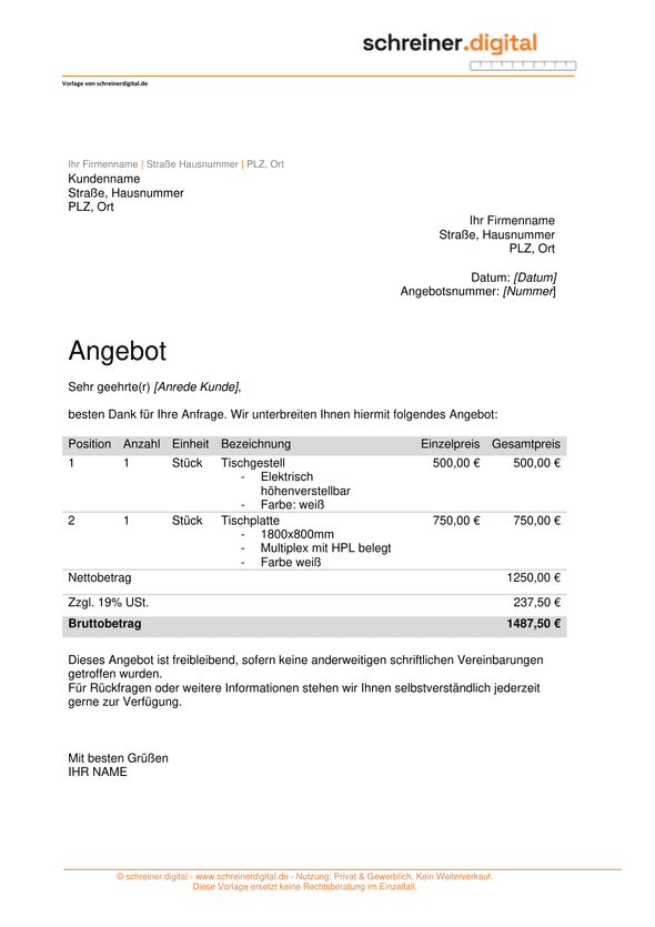Vorschau: Angebotsvorlage
