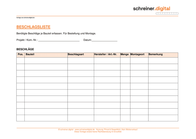 Vorschau der Vorlage „Beschlagsliste“