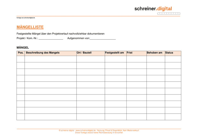 Vorschau der Vorlage „Mängelliste“